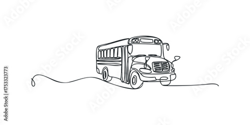 School bus drawn with a single continuous line on white