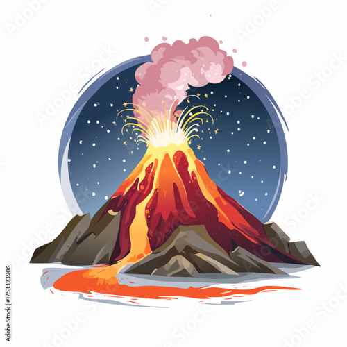 Vulkanlandschaft mit glühender Lava bei Nacht