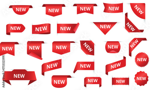 Collection of Red 'New' Labels and Icons Diverse Designs for Promotions, Announcements, and Sales. This icon set offers versatile designs for creating appealing marketing visuals