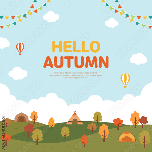 An autumn park scene featuring hot air balloons, flags of all nations, and a camping tent amidst autumn trees. An illustration perfect for seasonal events, travel, camping, and outdoor activities.