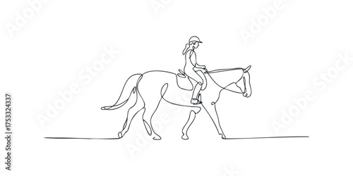 Single line drawing of a person riding a horse