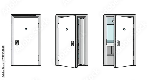 Detailed technical illustration of a secure metal door with a lock shown in three views: closed, open, and interior layout.