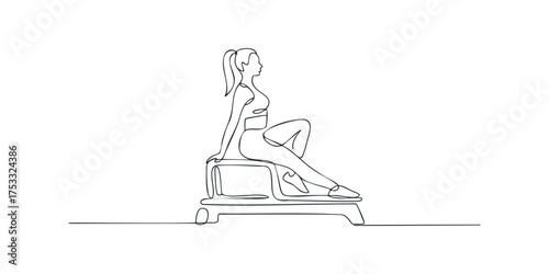 Woman exercising on step platform in continuous line style