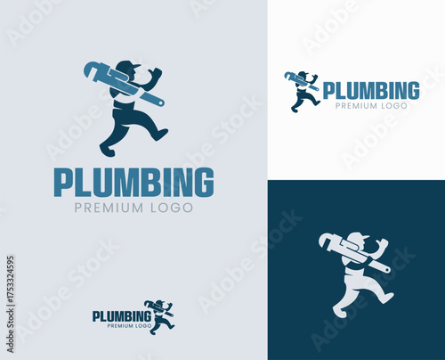 A simple plumbing logo design featuring an illustration of a plumber on the move, holding a large pipe wrench and giving a thumbs-up.