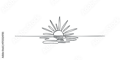 Continuous line drawing of a sun rising over water