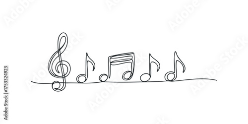 Continuous line drawing of musical notes and treble clef