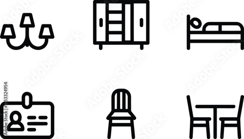 Collection of Bedroom and Dining Room Icons Depicting a Chandelier Wardrobe Bed ID Chair and Dining Set Emphasizing Interior Design