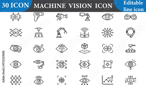 A set of machine vision icons representing artificial intelligence, robotics, and automation. Perfect for illustrating concepts related to AI and technology. 