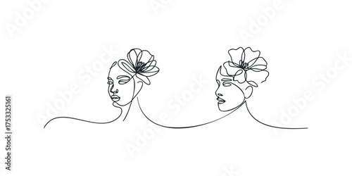Two women profile portrait line art with flower hair adornment