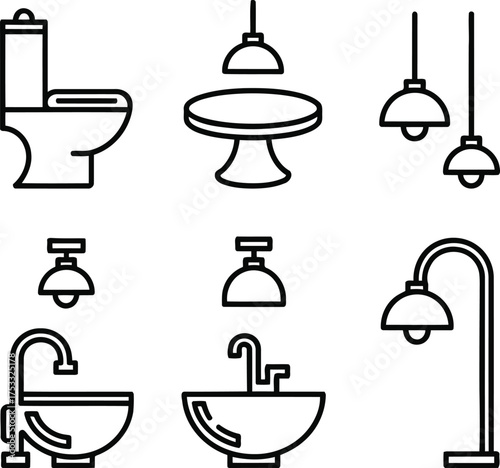 Bathroom Interior Design Elements Featuring a Toilet, Sink, Lighting Fixtures, and a Center Table, all Depicted with Bold Black Outlines