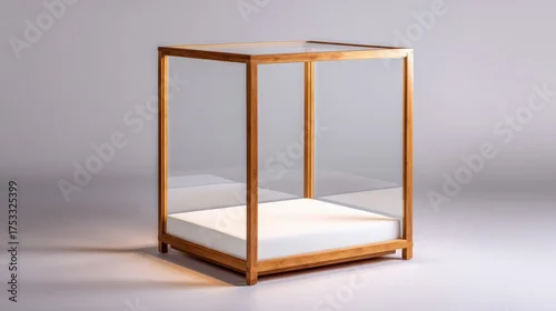 Fototapeta na wymiar Modern wooden frame glass display case with white base on gray background.