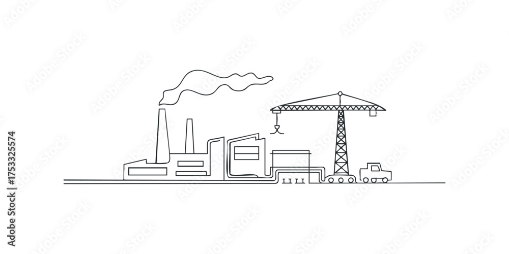 Naklejka premium Industrial factory with smoke plume and construction crane at site