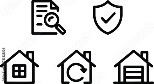 Comprehensive Pictorial Representation of Real Estate Services, Housing, and Financial Security with Icons Depicting Inspections, Protection, Property Management, and Garage Amenities