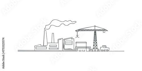 Industrial factory with smoke plume and construction crane at site