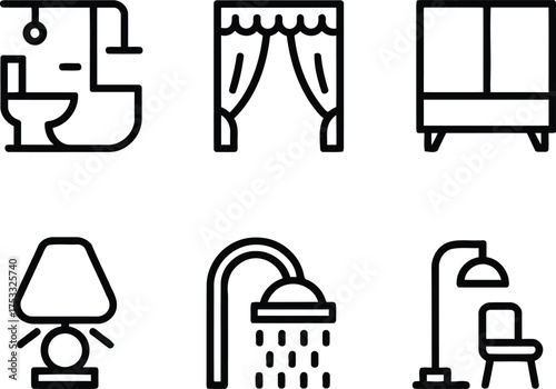 Iconic Interior Design A Spectrum of Household Objects Showcasing Minimalist Bathrooms, Curtains, Wardrobes, Table Lamps, Showers, and Ambient Lighting with Furniture Elements Collection