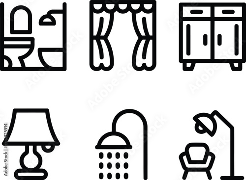 Suite of Interior Design Icons Depicting Bathroom Layout Window Treatments Cabinetry Table Lamp Shower and Modern Armchair with Floor Lamp Design