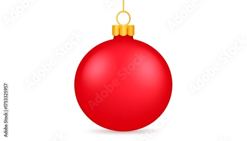 A single, glossy, red ornament hangs from a golden cap on a white background. The smooth orb reflects soft light. Simple, classic holiday imagery