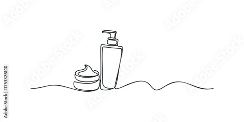 Continuous line drawing of cosmetic cream bottle and jar