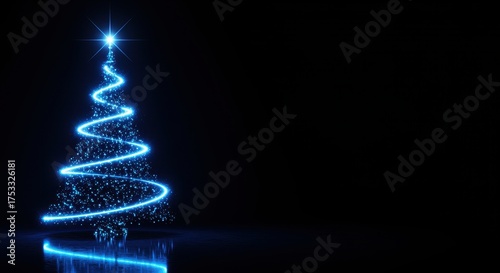 Blue Neon Christmas Tree with Star Topper on Black Background glowing light