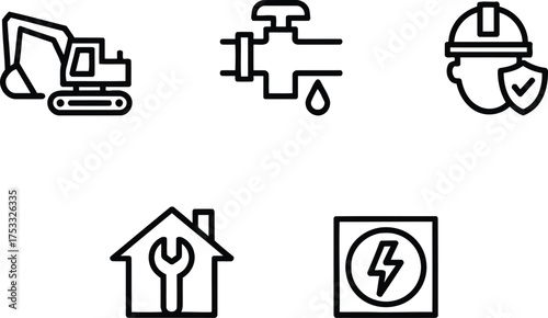 Construction and Maintenance Icons Depicting Excavator, Plumbing, Safety, Home Repair, and Electrical Services Representing a Range of Essential Trades