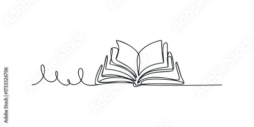 Single line drawing of an open book with pages fanned out