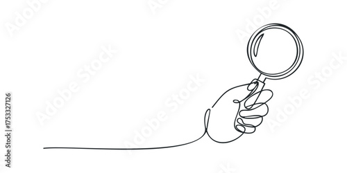 Hand holding magnifying glass continuous line drawing