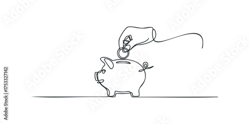 Hand dropping coin into piggy bank continuous line drawing