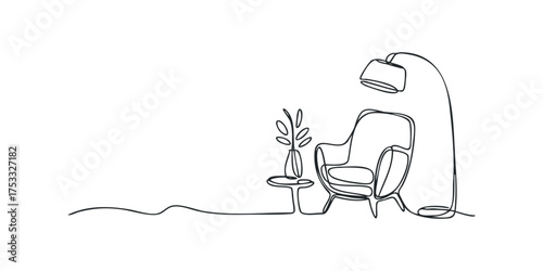 Modern chair and table with plant and floor lamp