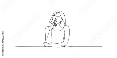 Continuous line drawing of woman in thoughtful pose
