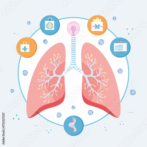 Pulmonology and respiratory health concept featuring a diagram of human lungs surrounded by various medical and healthcare icons