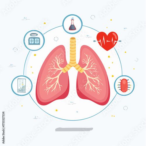 A conceptual illustration of human lungs surrounded by icons representing modern medicine, scientific research, and technological advancements in pulmonology