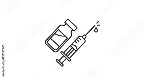 A simple line drawing of a medical syringe injecting a drop from a bottle on a white background with a minimalist style.