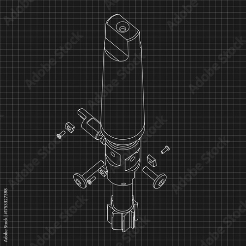 Mechanical engineering drawings. Tap tools, borer. Technical Design. Cover. Blueprint. Step Cutting Tool with Countersinking Function. Technical 3D Vector Illustration
