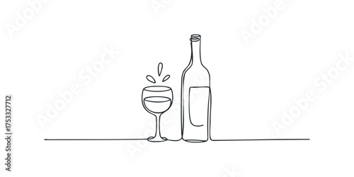 Wine bottle and glass with pouring liquid graphic