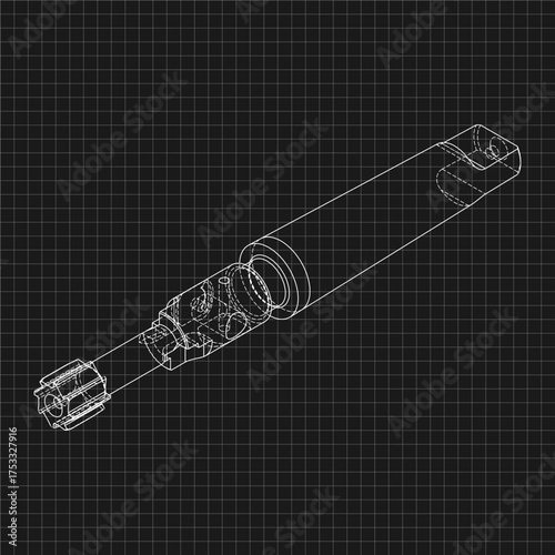 Mechanical engineering drawings. Tap tools, borer. Technical Design. Cover. Blueprint. Step Cutting Tool with Countersinking Function. Technical 3D Vector Illustration