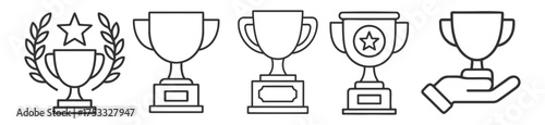 Trophy award cup icons set. Champion victory celebration symbols outline style on transparent background