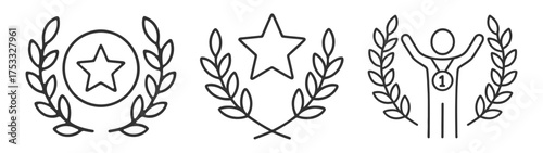 Laurel award icons set. Victory wreath star champion celebration outline symbols on transparent background