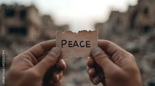 Holding 'Peace' in Ruins: A symbol of hope and resilience amidst destruction, calling for harmony in a world yearning for tranquility and stability.
