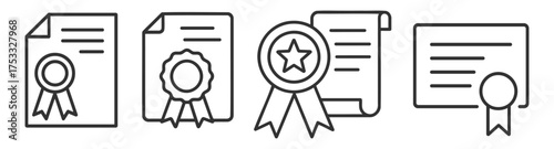 Certificate award diploma icons set. Official recognition achievement documents outline style on transparent background