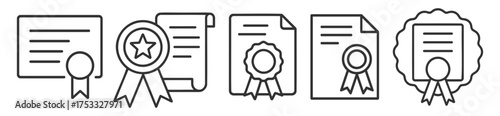 Certificate award diploma icons set. Official recognition achievement documents outline style on transparent background