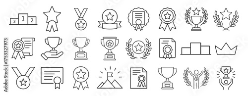Trophy medal award icons set. Certificate ribbon crown podium laurel star winner celebration outline symbols on transparent background