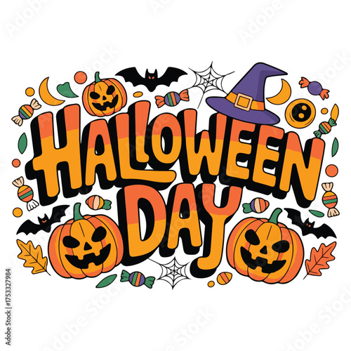 Scary cartoon bat and spooky ghost design on an orange pumpkin illustration for a Halloween party invitation card