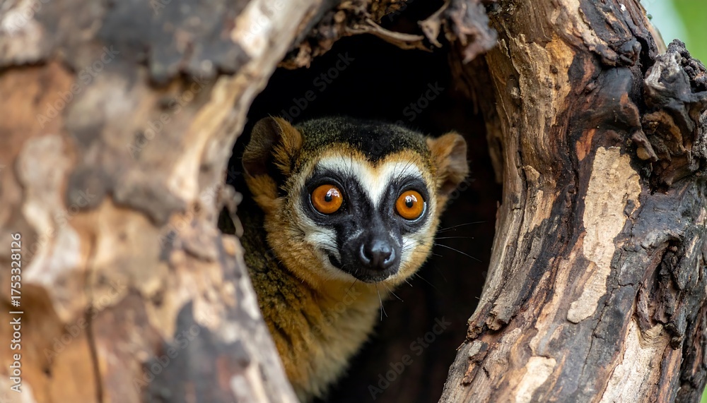 Naklejka premium A small, wide-eyed mammal peers out from a dark, hollow opening in a textured tree trunk, creating a striking portrait