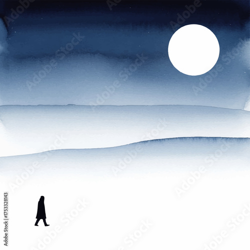 A minimalist blue ink wash painting of a solitary figure walking through a dreamlike landscape under a full moon