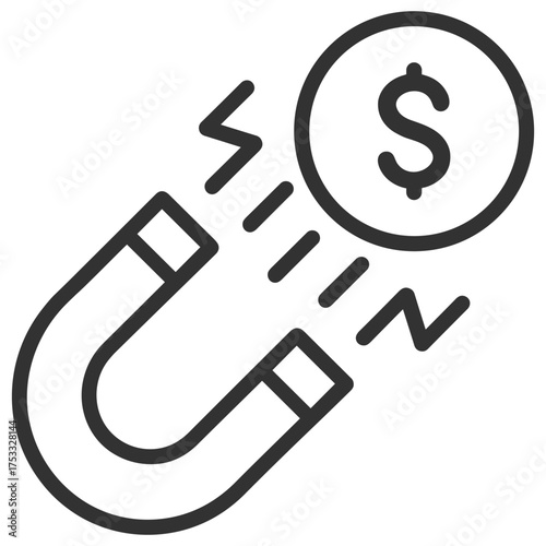 Magnet attracting dollar coin representing business success and money attraction on transparent background