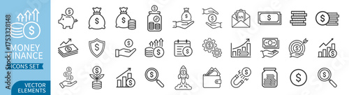 Business finance and money icon set with dollar signs and financial symbols on transparent background