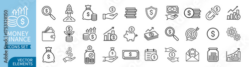Finance and money icon set with dollar signs, business and banking symbols, editable line style on transparent background