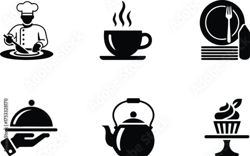 Culinary Icons Collection Depicting Food Service and Preparation Themes Including Chef, Beverage, Served Dish, and Teapot for Restaurant or Culinary Content Creation