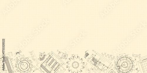 Mechanical engineering drawings on sepia background. Cutting tools, milling cutter. Technical Design. Cover. Blueprint. Horizontal seamless pattern. Vector illustration.
