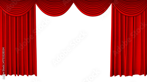 Red theater stage curtain, long top edge separated. Velvet curtain for movie, concert or theater scene. PNG transparent.